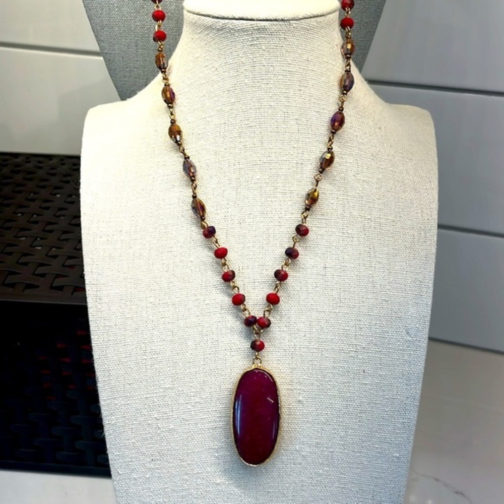 Vintage Boho Beaded Long Necklace with Oval Dark Red Stone Pendant.